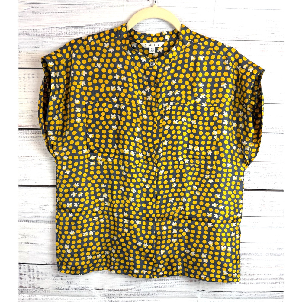 CABI yellow gray 100% silk polka dot drop shoulder short sleeve blouse size XS